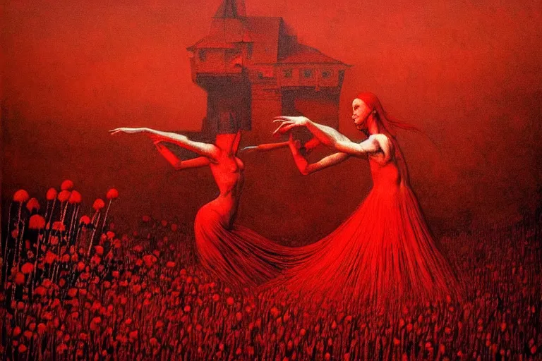 Image similar to only with red, red flowers of different types, a red tiger, a castle in the background, medieval demons dance over the flowers, an ancient path, in the style of beksinski, part by hopper, part by rodcenko, part by hofbauer, intricate composition, red by caravaggio, insanely quality, highly detailed, masterpiece, red light, artstation