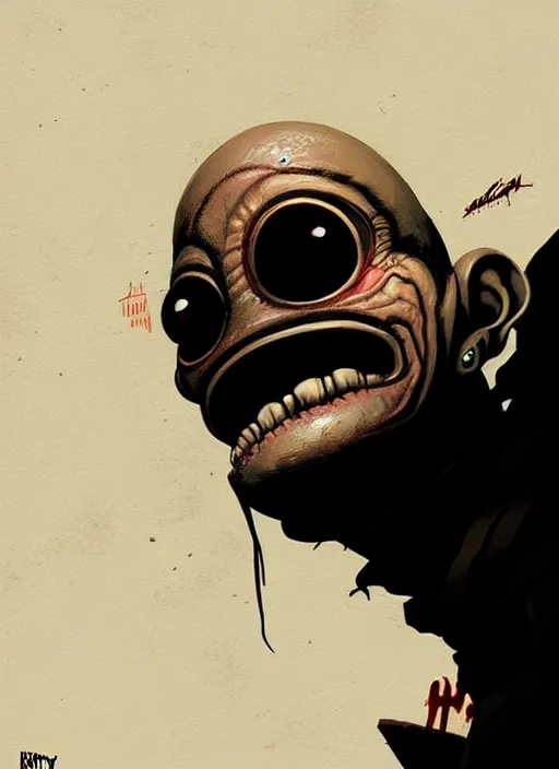 Image similar to highly detailed closeup of a character, from abe's oddworld, oddworld soulstorm video game by atey ghailan, by greg rutkowski, by greg tocchini, by james gilleard, by joe fenton, by kaethe butcher, gradient yellow, black, brown, red and white color scheme, grunge aesthetic!!! white graffiti tag wall background