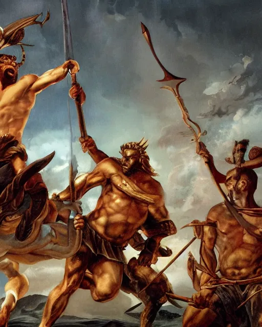 Image similar to jason and his argonauts sail by a gigantic bronze statue of a minotaur, bull man hybrid being holding a spear and shield, atmospheric, mythological