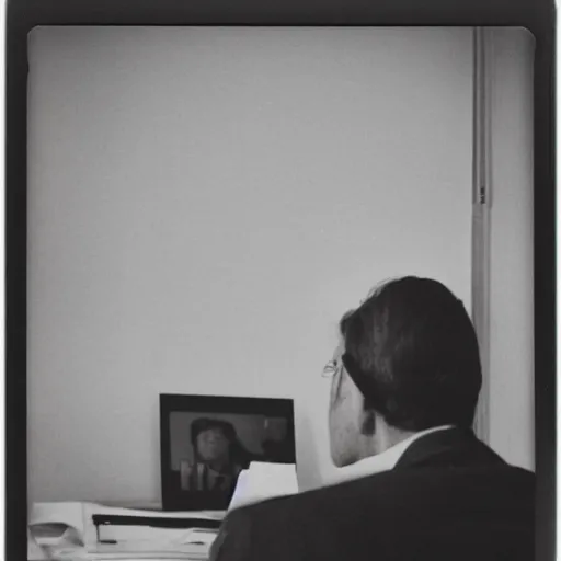 Image similar to a polaroid photo of a man checking his emails from the perspective of a computer screen