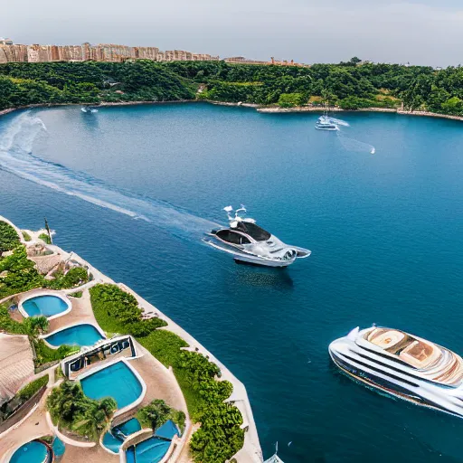 Prompt: gold plated mega yacht with two swimming pools and a helicopter landing pad, drone shot, docked at harbor, clear and focused, elegant, photograph