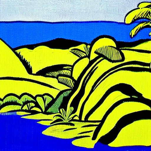 Image similar to painting of a lush natural scene on an alien planet by roy lichtenstein. beautiful landscape. weird vegetation. cliffs and water.