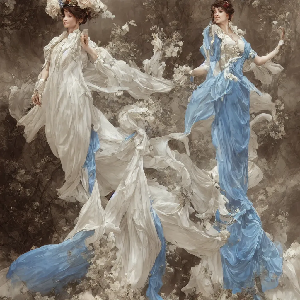 Image similar to lady dressed in a vaporous wrapped large victorian cream roses silk semi-transparent blue and cream dress fashion is running D&D, fantasy, intricate, elegant, highly detailed, digital painting, artstation, concept art, matte, sharp focus, illustration, art by Artgerm and Greg Rutkowski and Alphonse Mucha