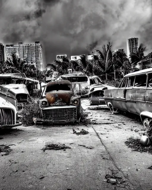 Image similar to wide angle shot of dilapidated fallout 5 miami, tropical coastal city, desolate, dilapidated, some rusted retro futuristic vintage parked vehicles like cars, buses, trucks, trams, slight overcast weather, fog, volumetric lighting, photorealistic, daytime, autumn, sharp focus, ultra detailed,