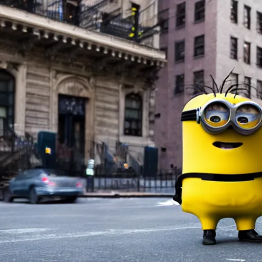 Image similar to 4 k photo of a giant minion walking in new york city, tourists are running in fear