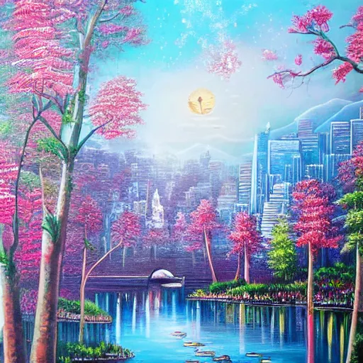 Image similar to Beautiful city of the future in harmony with nature. Beautiful detailed painting by Lurid. (2022)