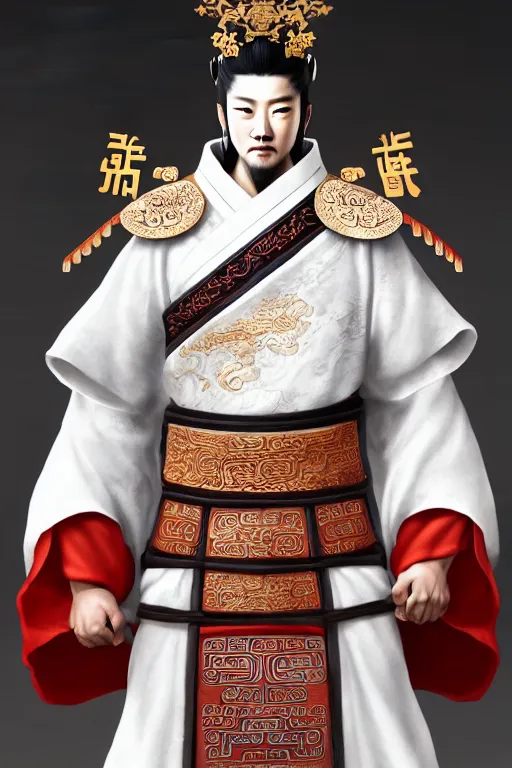 Image similar to a highly detailed epic character design of ancient chinese hansome young emperor, crown wearing white imperial robe strong, full body, background is ancient chinese architecture ， clouds, by chen uen, yoji shinkawa 8 k