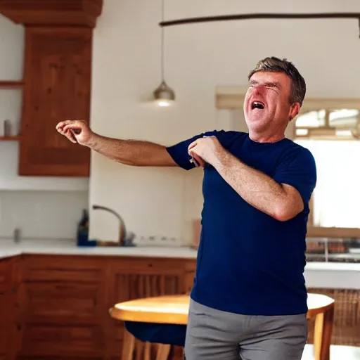 Image similar to a english irish middle aged man with brown moptop hair and red cheeks is clean shaven. he is wearing a dark blue tshirt and shorts. he dances with his arms excitedly like a chicken in his kitchen