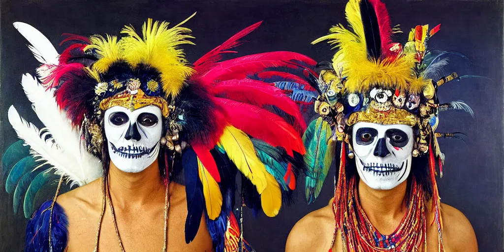 Image similar to ney matogrosso with paint on face, feathers, leather, lace, gold wings on head, tibetan skeleton dancer, painting by gottfried helnwein, max ernst