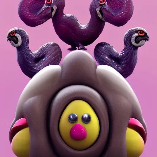 Image similar to an egg with a magenta eye and two heads. one head is a snake and the other head is a chicken and there are big furry muscular legs, 4k, trending on artstation