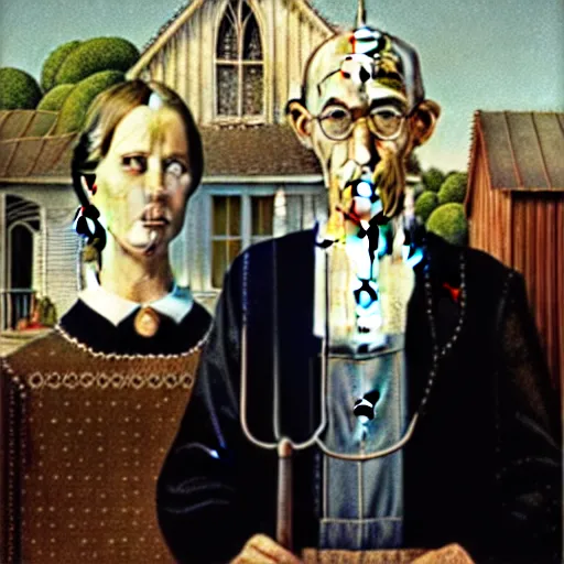 Image similar to satan and jesus in the style of american gothic