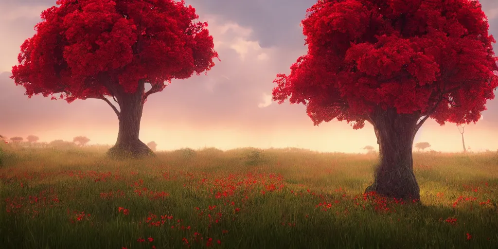 Image similar to a single big red tree in the middle of a battlefield near a bunch of red flowers at sunrise, hyperrealistic, concept art, octane render, unreal engine 5, trending on Artstation, high quality, 8K, dramatic lighting, cinematic, high coherence, highly detailed, Midjourney style, epic scene, path traced, low contrast, complementary colors