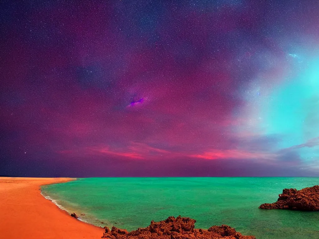 Prompt: purple tornado, red sand beach, green ocean, nebula sunset