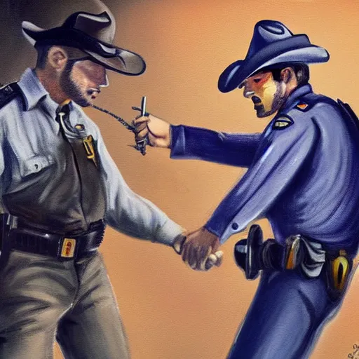 Image similar to A police officer arresting a cowboy, trending on art station