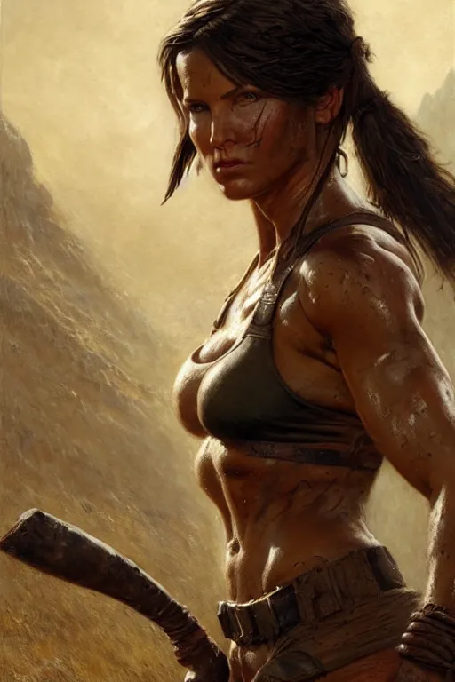 Image similar to muscular sweat lara croft, standing on river, covers with mud exhausted face close up, highly detailed painting by gaston bussiere, craig mullins, j. c. leyendecker 8 k