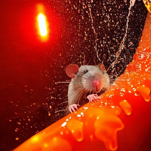 Image similar to a rat being drenched in an orange soda waterfall, cinematic lighting