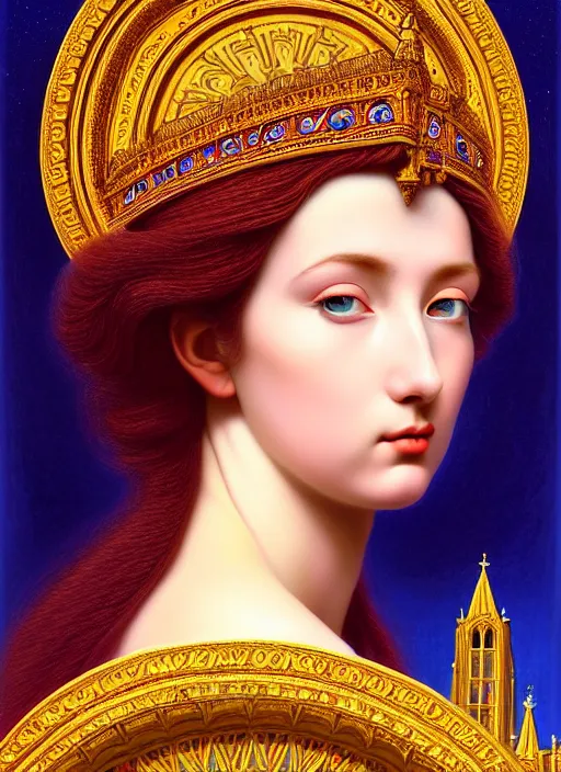 Image similar to portrait of a beautiful young goddess' face merging with a cathedral building, unusual beauty, etheric, outworldly colours, emotionally evoking symbolic metaphors, head in focus, fantasy, ornamental, intricate, elegant, highly detailed digital painting, artstation, concept art, painterly, golden ratio, sharp focus, illustration, art by John William Godward and Raphael and Alphonse Mucha and Zdzisław Beksiński,