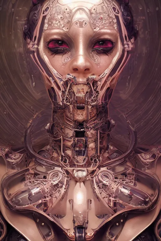 Image similar to twin Alien Robot concubines, facial tattoos, artists portrait, biomechanical, oppai, fantasy, highly detailed, photograph, concept art, sharp focus, depth of field blur, Mandelbrot fractal, art by artgerm and greg rutkowski and alphonse mucha and trevor brown, octane render