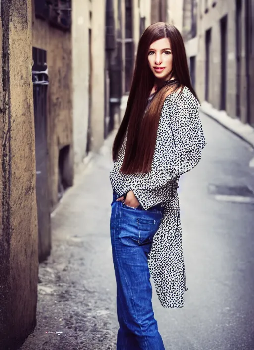 Image similar to color realistic portrait of a beautiful, stylish, 30-year-old French woman street background, with long, straight hair, street portrait in the style of Mario Testino 50mm