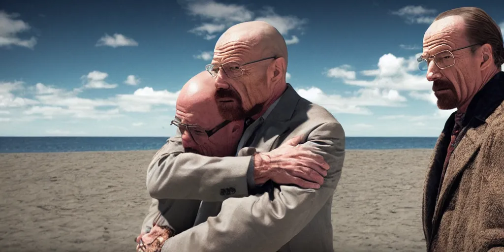 Image similar to Walter White hugging Saul Goodman on the beach, artistic, 8k, cinematic