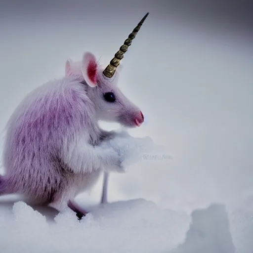 Prompt: unicorn mouse with soft wings searching for food in the snow, macro shot, soft light of winter, award winning photo, national geographic,