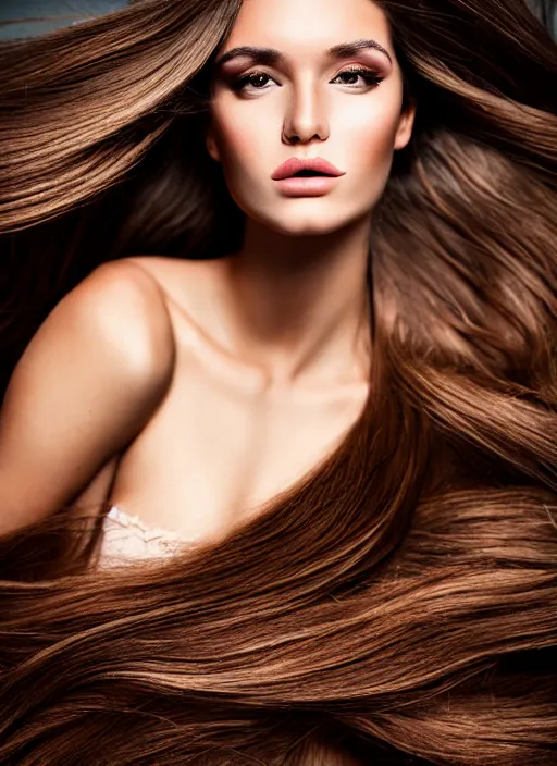 Prompt: a gorgeous female with long brown hair, photo by oliver valsecchi, realistic, full body shot, wide angle, sharp focus, 8 k high definition, insanely detailed, intricate, elegant, floating embers