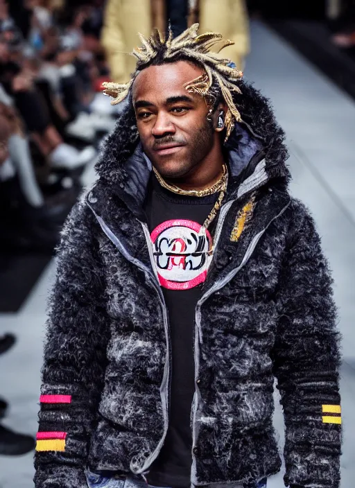 Image similar to hyperrealistic and heavy detailed moncler runway show of lil uzi vert, leica sl 2 5 0 mm, vivid color, high quality, high textured, real life