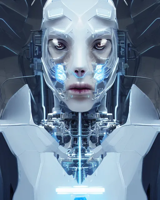 Image similar to portrait of a cyborg, necromancer, benevolent, scifi, futuristic, elegant clothing, intelligent, alien room background, white, blue, gold, highly detailed, trending on artstation, soft light, holy machine, advanced technology, art by vitaly bulgarov and nivanh chanthara