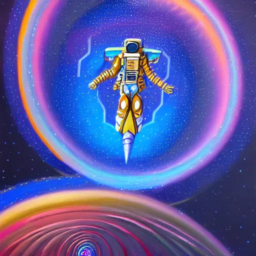 Prompt: cool bismuth mech spaceman surfing the milkyway, isometric scifi astral spirit space journey in oil painting, pulled into the spiral vortex, trending on artstation, award winning, emotional, highly detailed ethereal isometric surrealist art