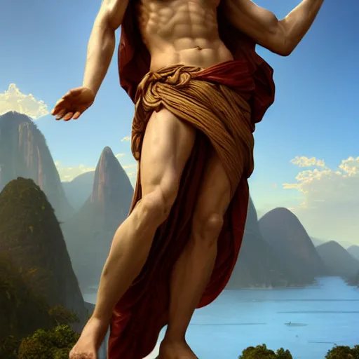 Prompt: an extremely detailed sculpture of a ridiculously good looking jesus that is posed like the buddy christ, long curly hair, elegant ancient greek dress, very detailed, standing on a mountain over rio de janeiro, beautiful, intricate, cinematic, artstation, william bouguereau, alphonse mucha, greg rutkowski, rossdraws, octane render