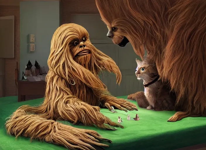 Image similar to wookiee is comfy at home trading crypto with his cat. the charts are at all time highs, gains, green charts, painting by grant wood, 3 d rendering by beeple, wlop