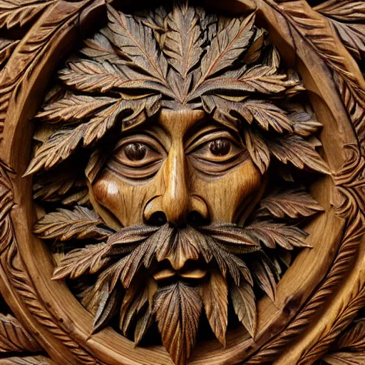 Image similar to deeply carved and stained, highly detailed wood carving depicting the face of the marijuana green man, as if made of obvious cannabis fan leaves, resting in a bed of real cannabis leaves