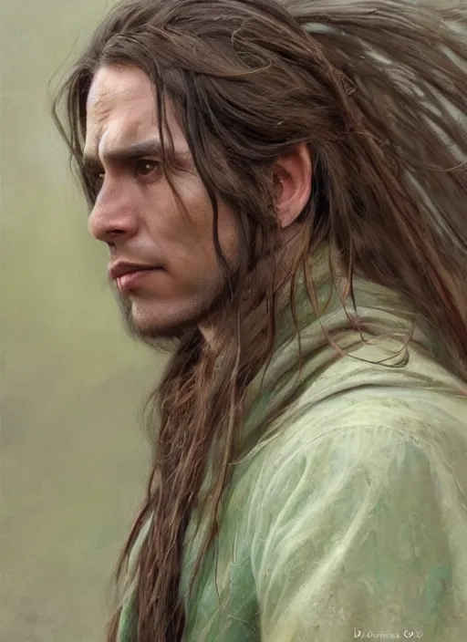 Image similar to a shaman in his twenties with long light brown hair tied back, light green eyes, a large forehead, a widows peak and a round face with high cheekbones and full lips as a realistic d & d fantasy character, portrait art by donato giancola and greg rutkowski, vintage retro, realistic face, digital art, trending on artstation