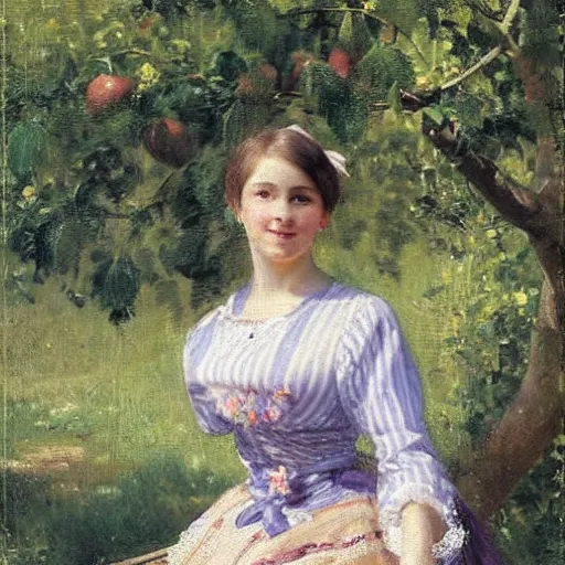 Image similar to portrait of a young woman outside in an orchard, painted by nikolay makovsky, detailed