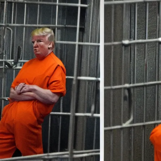 Image similar to donald trump wearing orange prison jumpsuit, locked behind bars, crying and whining.