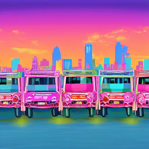 Image similar to a fleet of flying pink philippine jeepney above the skyline, digital art