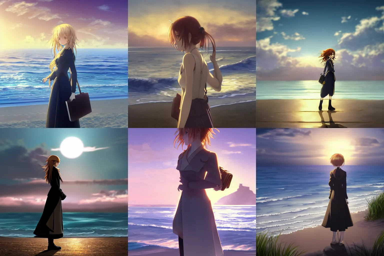 Prompt: high detail digital art of violet evergarden holding her briefcase and standing at the beach looking into the setting sun over the ocean, tranquil, calm, melancholic, trending on artstation