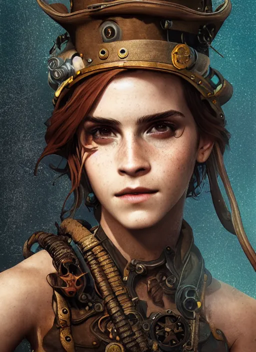 Prompt: underwater steampunk pirate cowboy portrait of emma watson, hyper detailed, digital art, cinematic lighting, studio quality, smooth render, unreal engine 5, octane rendered, art style by klimt and nixeu and ian sprigger and wlop and krenz cushart.