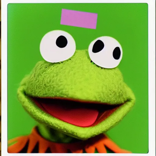 Image similar to Kermit the frog wearing a mohawk, polaroid photo, instax, white frame, by Warhol,