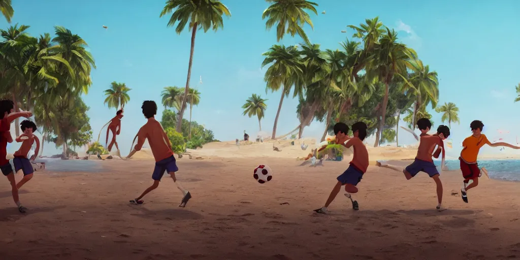 Prompt: a film still of a scene, where boys playing football, a sunny and colourful beach scene in santa monica, los angelos, the weather is very windy. narrow shot, low depth of field, wes anderson, studio ghibli, pixar and disney animation, sharp, rendered in unreal engine 5, anime key art by greg rutkowski, bloom, dramatic lighting