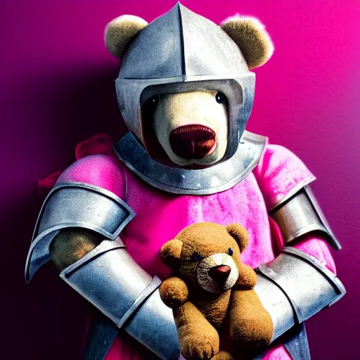 Image similar to a medieval fantasy knight holding a teddy bear inside a pink bedroom, matte oil painting, d & d, sharp focus, award - winning, extremely detailed, 4 k, 8 k