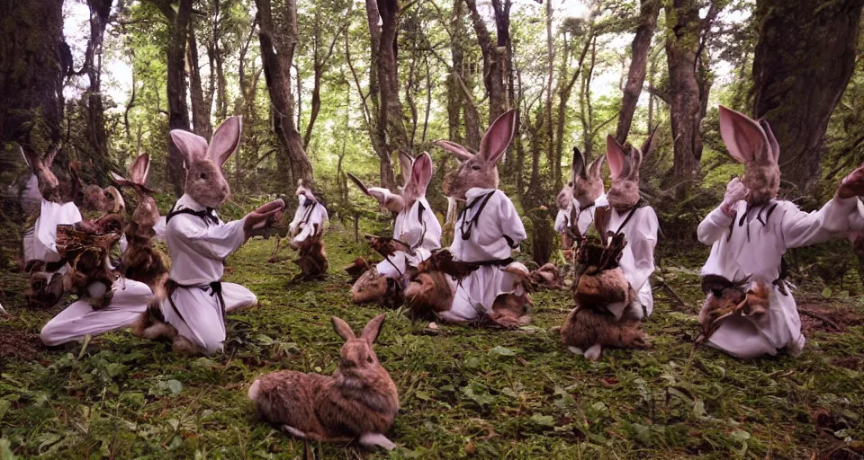 Image similar to shamanic ritual, A group of rabbits performing a shamanic ritual in a forest