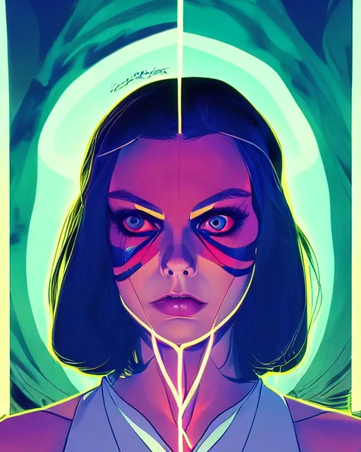 Prompt: in the style of Joshua Middleton comic art and Ilya Kuvshinov, Samara Weaving, symmetrical face symmetrical eyes, full body, in an alleyway during The Purge, people fighting, night time dark with neon colors, fires