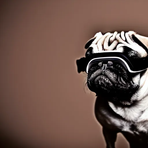 Prompt: film still medium shot a pug wearing a oculus quest vr headset, leica sl 2 5 0 mm, vivid color, high quality, high textured, real life