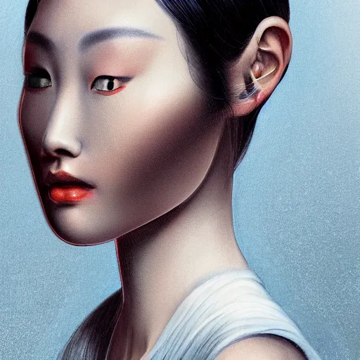 Prompt: close-up portrait of a beautiful Korean Luxurious Goddess wearing an elegant futuristic outfit posing dramatically in the art style of James Jean, rule of thirds, fair complexity, 4k quality