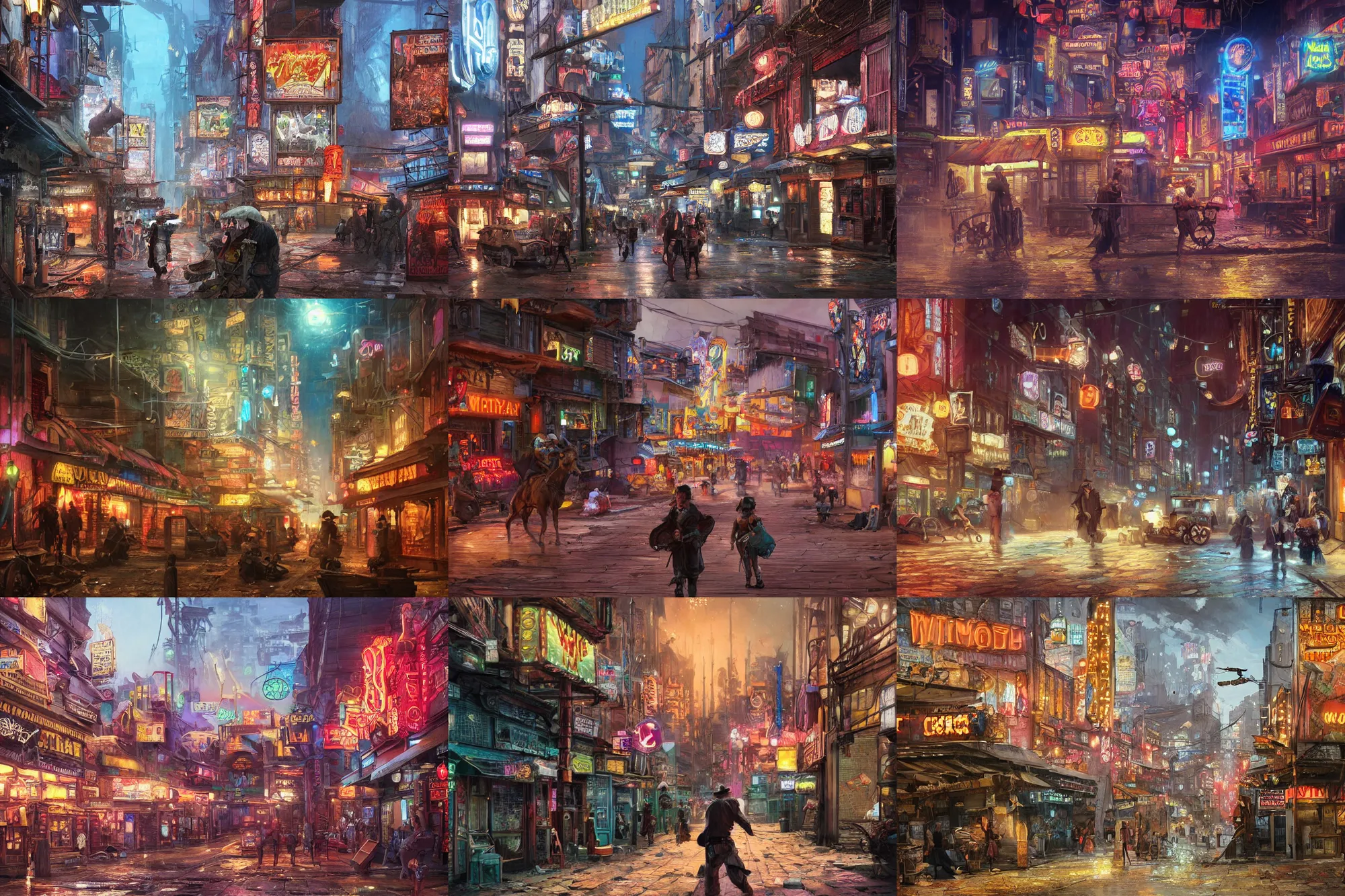 Prompt: A very detailed street-level view of a magical wild-west town at night with wooden buildings and colorful neon lights; beautiful dangerous detailed digital rational painting art by Greg Rutkowski, magic fantasy highly detailed, digital concept art, sharp focus, realistic concept art by Stephen Hickman and James Gurney and Hiromasa Ogura Ghost in the Shell rendered in Octane Render, From a distance