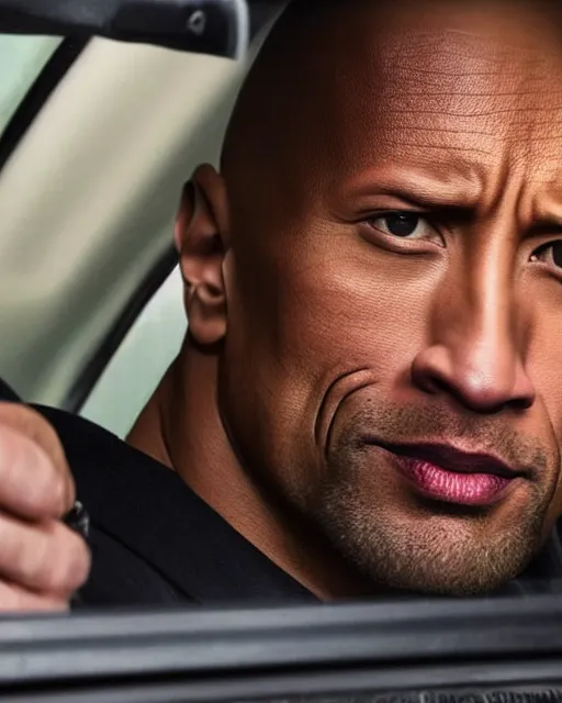 Prompt: film still close - up shot of dwayne johnson as a london cab driver. photographic, photography