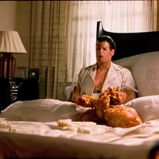 Prompt: movie still, movie frame, batman eats fried chicken in bed, lit only by the glow of the television set