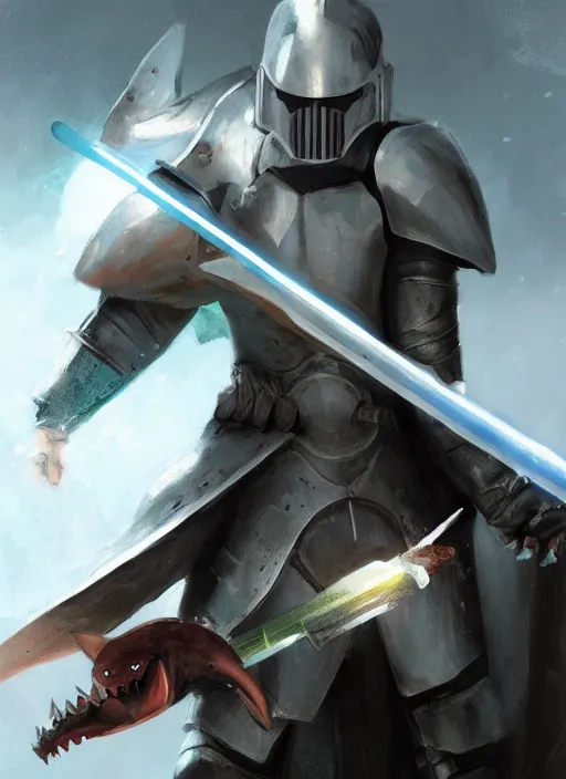 Prompt: digital painting of a knight with a shark head holding a lightsaber, fantasy, portrait, scifi, realistic, detailed, concept art, ruan jia, wlop