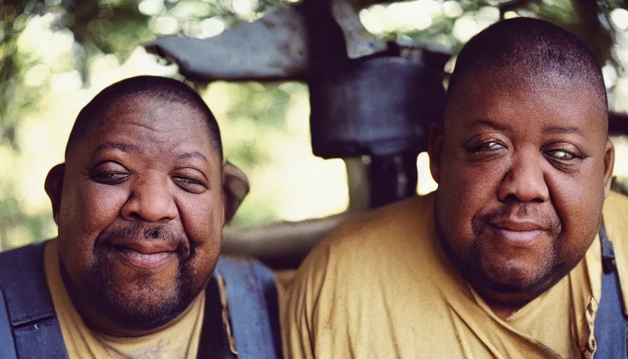 Prompt: far view, extremely fat obese forrest whitaker with long beard, wearing dirty overalls, dirty greasy face, grin, portrait, close up, kodak gold 2 0 0, 5 0 mm,